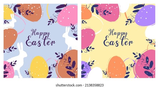 	
Happy Easter banner. Vector illustration. Trendy Easter design with typography strokes and dots, eggs and bunny in pastel colors. Modern minimal style.