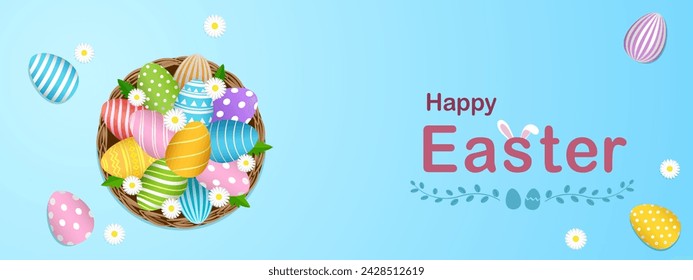 Happy Easter banner vector illustration, top view of colorfully painted Easter egg in basket with beautiful blooming daisy spring flower on blue background, sweet decorative holiday celebration.