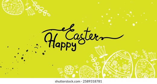 Happy Easter banner. Vector trendy Easter design with typography, hand painted eggs, dots on the green background. Modern minimal style. Horizontal poster, greeting card, header for website, app, gift