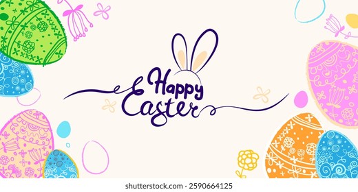 Happy Easter banner. Vector trendy Easter design with typography, hand painted eggs, on the pastel background. Modern minimal style. Horizontal poster, greeting card, header for website, app. Eps 10