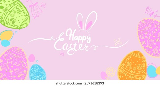 Happy Easter banner. Vector trendy Easter design with typography, hand painted eggs, on the pink background. Modern minimal style. Horizontal poster, greeting card, header for website, app. Eps 10
