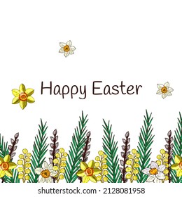 Happy Easter banner. Vector willow, mimosa flowers. Isolated object on a white background.