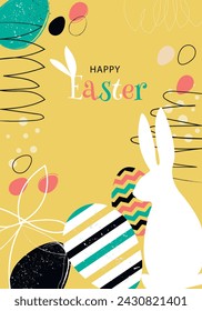 Happy Easter banner. Vertical poster, greeting card. Trendy Easter design with typography, hand painted strokes and dots, eggs and bunny in pastel colors. Modern minimal style