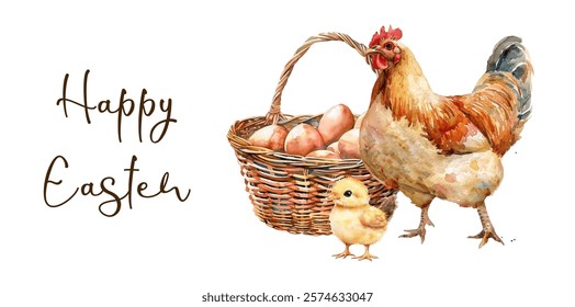 Happy Easter banner. Watercolor Easter banner with a basket of eggs, a chicken and a baby chicken. Easter farm elements concept. Watercolor Easter elements. Vector illustration.