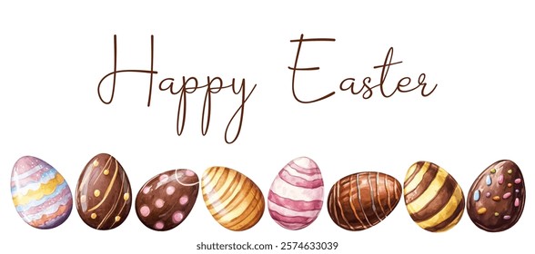 Happy Easter. Easter banner with watercolor chocolate sweet eggs. Chocolate eggs decorated with colored dragees and chocolate glaze. Surprise eggs, Easter elements. Vector illustration.