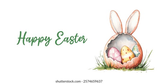 Happy Easter banner. Watercolor banner with Easter egg and rabbit ears. Big Easter egg with eggs in the grass. Symbol of Easter atmosphere. Vector illustration.