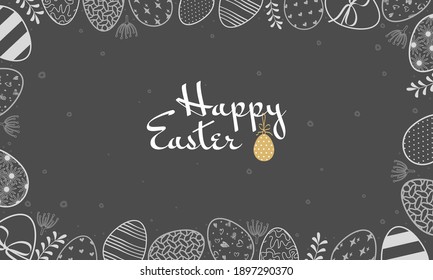 Happy Easter banner for web, discounts, offers, postcards. Frame made of eggs with patterns drawn with white chalk lines on a dark blackboard. Spring holiday decorations. Vector flat illustration