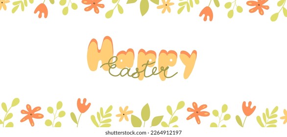 Happy Easter banner for websites and ads. Hand drawn illustration in modern minimalistic style with flowers, leaves and positive quote. 