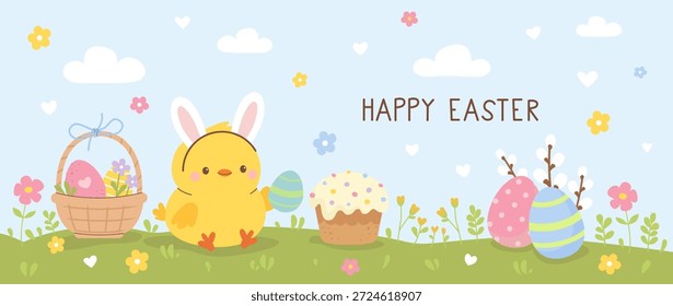 Happy Easter banner with yellow chick, basket with eggs, Easter cake, flowers on a spring meadow. Cute flat vector illustration for spring celebration.
