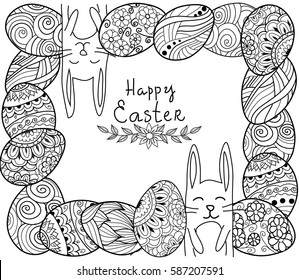 Happy Easter banner. Zen tangle eggs with decorative ornamental elements,rabbits,bunny. Vector illustration for adult coloring book, page, greeting cards
