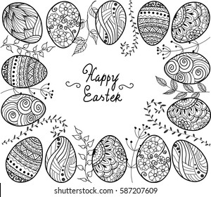 Happy Easter banner. Zen tangle eggs with decorative ornamental elements. Vector illustration for adult coloring book, page, greeting cards
