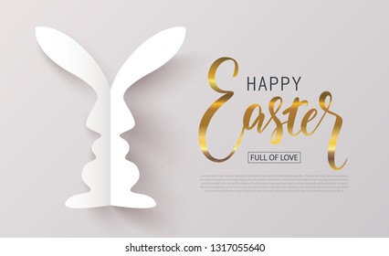 Happy Easter banner.Full of love.Background with cut out the paper Bunny. Vector illustration for website , posters,ads, coupons, promotional material