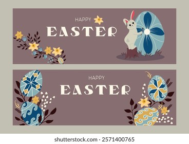 Happy Easter banners. Colorful egg prints and pattern for holiday seasonal banner collection design