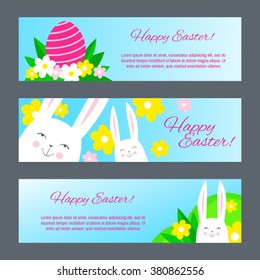 Happy Easter Banners with Easter Egg, Easter Bunny, Easter Rabbit and Flowers. Vector Illustration