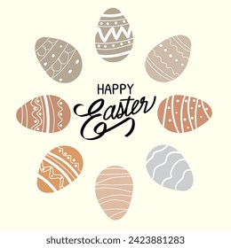 Happy Easter banners, greeting cards, posters, holiday covers. Hand painted plants, dots, eggs, in pastel colors. Modern art minimalist style. Boho style