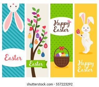 Happy easter banners. Ostern sunday spring celebration banner set with eggs and flowers. Vector illustration.