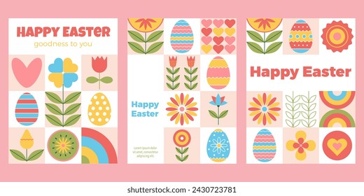 Happy Easter. Easter Banners, posters, Greeting cards, cover design templates with spring flowers and Easter egg. Mosaic Spring background, vector illustration. Spring geometric pattern