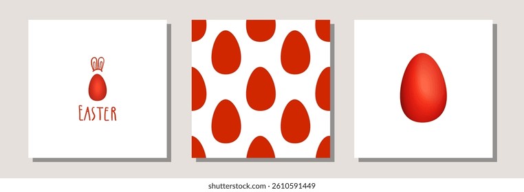 Happy Easter banners. Seamless pattern with red eggs. Set of Easter square cards for Easter with eggs in classic shades of red color on a white background. Flat vector illustrations for celebration.