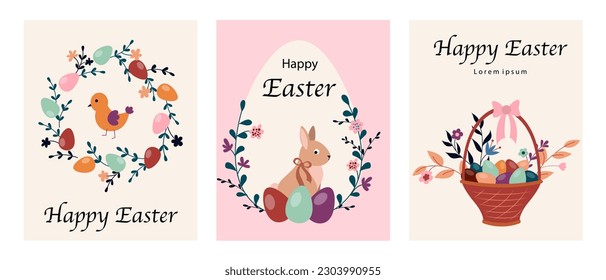 Happy Easter banners set. Collection of posters with branches, colorful eggs, bird and rabbit. Spring traditional religious holiday. Cartoon flat vector illustrations isolated on white background