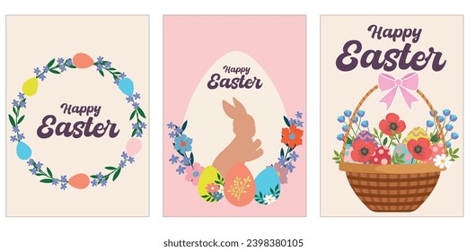 Frohe Osterbanner-Set. Sammlung von Poster mit Ästen, bunten Eiern, Vogel und Kaninchen. Frühling traditionelle religiöse Feiertage. Flache Vektorgrafiken einzeln auf weißem Hintergrund