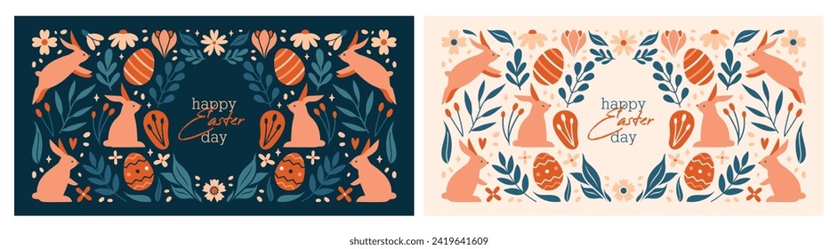 Happy Easter Banners. Trendy design with typography, cute illustrations with rabbits, bunnies, plants, eggs, flowers, berries, leaves, stars. Modern minimal style.Horizontal header, greeting card.