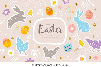 Happy Easter banners. Trendy Easter design with decorated eggs,chicken, flowers,doodles and bunny. Modern style. Horizontal poster, greeting card,design for website. Vector illustration