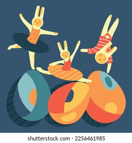 Happy Easter banner.Trendy Easter design with rabbits and eggs geometric shapes Modern Retro aesthetic style.Cute Dancing rabbits,bunnies acrobats on eggs poster,greeting card,web,print.Vector 