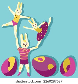 Frohe Osterbanner.Trendy Osterdesign mit Kaninchen und geometrischen Formen Modern Retro ästhetisch.Cute Tanzkaninchen,Bündchen Akrobaten auf Eierplakat,Grußkarte,Web,Print.Vektor 