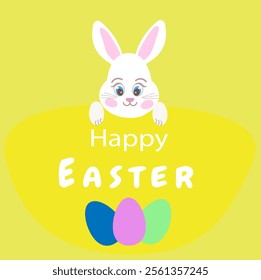 happy easter banny, yellow poster, card rabbit, egg text