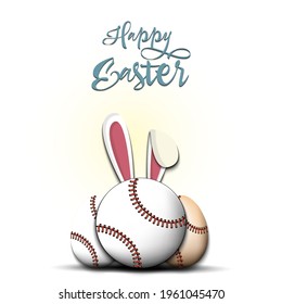 Happy Easter. Baseball ball with ears rabbit. Easter eggs decorated in the form of a baseball ball on an isolated background. Pattern for greeting card, banner, poster, invitation. Vector illustration