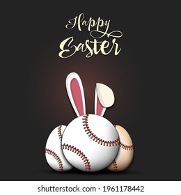 Happy Easter. Baseball ball with ears rabbit. Easter eggs decorated in the form of a baseball ball on an isolated background. Pattern for greeting card, banner, poster, invitation. Vector illustration