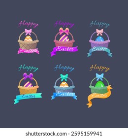 Happy Easter Basket With Bow Eggs And Ribbons Bundles Set In Different Colors Cute Cartoon Isolated Vector Design