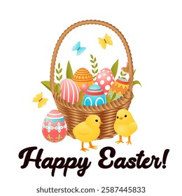 Happy Easter Basket with Colorful Decorated Eggs, Cute Yellow Chicks, Butterflies, and Greenery in Festive Spring Vector Illustration for Holiday Cards, Invitations, Decorations, and Seasonal Designs