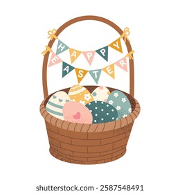 Happy Easter basket with colorful decorated eggs and festive bunting. Spring holiday card design. Flat vector illustration isolated on white background.