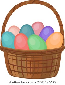 Happy Easter. Basket with colorful Easter eggs. For postcards, banners, flyers