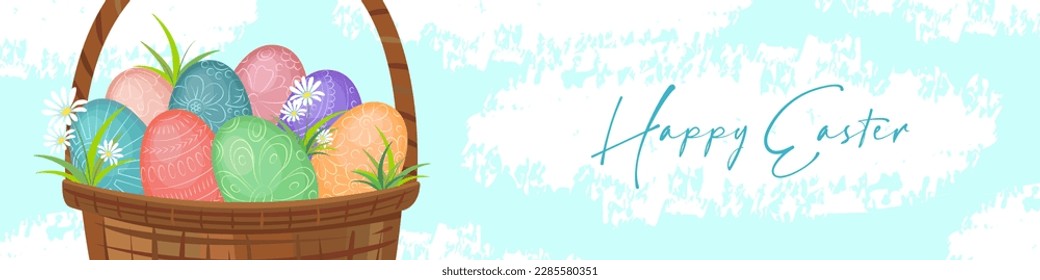 Happy easter. Basket with colorful Easter eggs and flowers. Congratulatory banner for the holiday of Easter