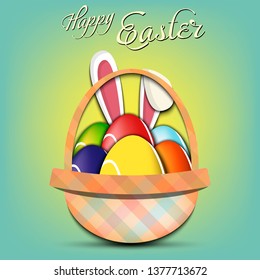 Happy Easter. Basket with decorated eggs in the form of a tennis ball and rabbit ears on an isolated background. Pattern for greeting card, banner, poster, ad. Vector illustration