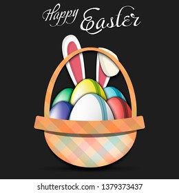 Happy Easter. Basket with decorated eggs in the form of a rugby ball and rabbit ears on an isolated background. Pattern for greeting card, banner, poster, ad. Vector illustration