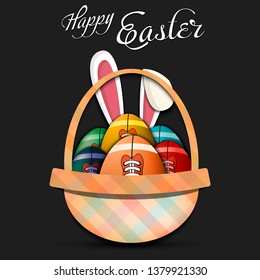 Happy Easter. Basket with decorated eggs in the form of a football ball and rabbit ears on an isolated background. Pattern for greeting card, banner, poster, ad. Vector illustration