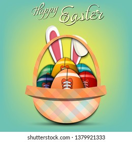 Happy Easter. Basket with decorated eggs in the form of a football ball and rabbit ears on an isolated background. Pattern for greeting card, banner, poster, ad. Vector illustration