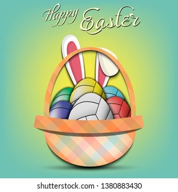 Happy Easter. Basket with decorated eggs in the form of a volleyball ball and rabbit ears on an isolated background. Pattern for greeting card, banner, poster, ad. Vector illustration