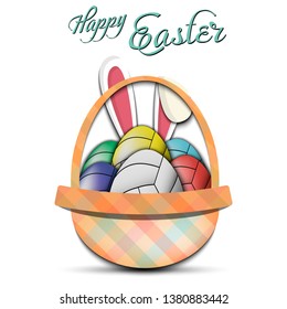 Happy Easter. Basket with decorated eggs in the form of a volleyball ball and rabbit ears on an isolated background. Pattern for greeting card, banner, poster, ad. Vector illustration