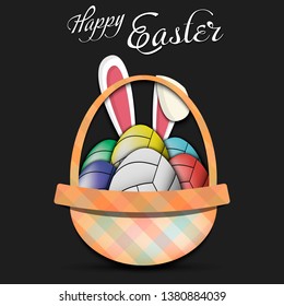 Happy Easter. Basket with decorated eggs in the form of a volleyball ball and rabbit ears on an isolated background. Pattern for greeting card, banner, poster, ad. Vector illustration