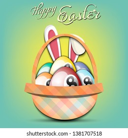 Happy Easter. Basket with decorated eggs in the form of a billiard ball and rabbit ears on an isolated background. Pattern for greeting card, banner, poster, ad. Vector illustration