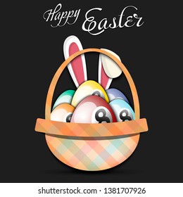 Happy Easter. Basket with decorated eggs in the form of a billiard ball and rabbit ears on an isolated background. Pattern for greeting card, banner, poster, ad. Vector illustration