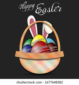  Feliz Pascua. Canasta con huevos decorados en forma de bola de cricket y orejas de conejo en un fondo aislado. Patrón para tarjeta de felicitación, banner, afiche, y. Ilustración del vector
