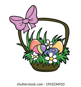 Happy Easter, a basket decorated with Easter eggs . Vector design on a white isolated background for banners and postcards