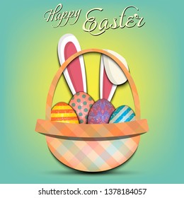 Happy Easter. Basket with decorated easter painted eggs and rabbit ears on an isolated background. Pattern for greeting card, banner, poster, ad. Vector illustration