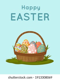Happy Easter. Basket with different painted Easter eggs in the meadow. For postcards, banners, flares, leaflets.