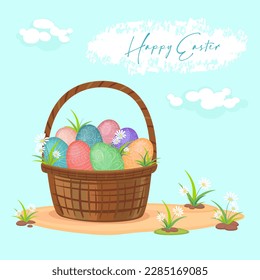 Happy Easter. Basket with different painted Easter eggs and flowers. For postcards, banners, flyers. Spring holiday banner